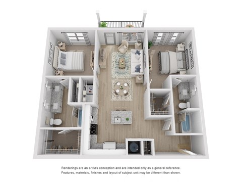 Floor plan for 2 beds, 2 baths, 1117 sqft